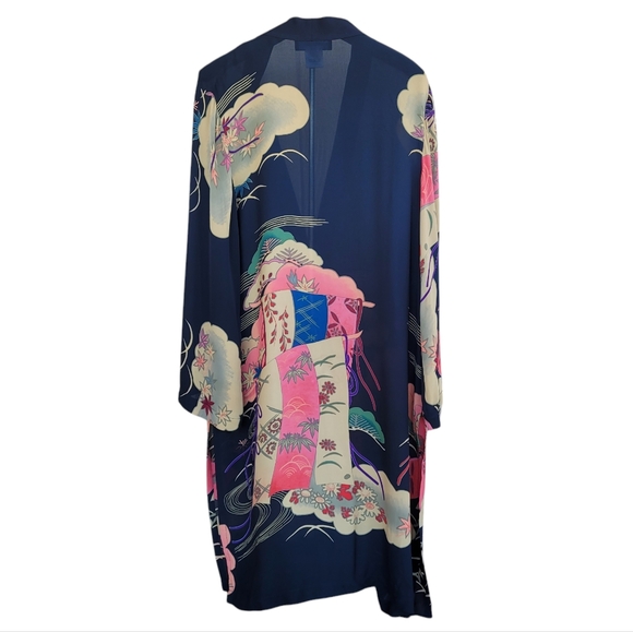 SUE WONG 100% Silk Black Floral Kimono Duster, Size Large - Picture 2 of 7